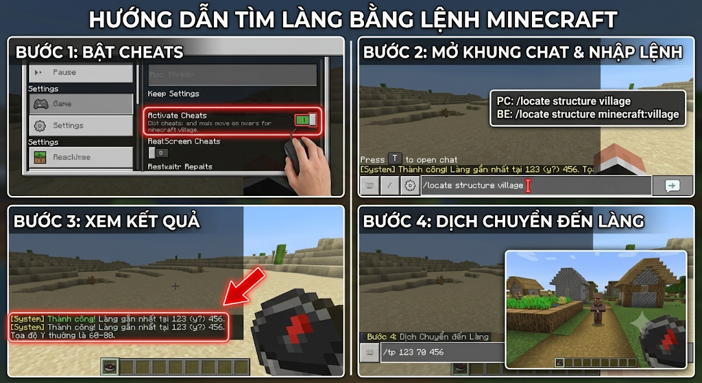 Hướng dẫn cách tìm làng bằng lệnh trong Minecraft