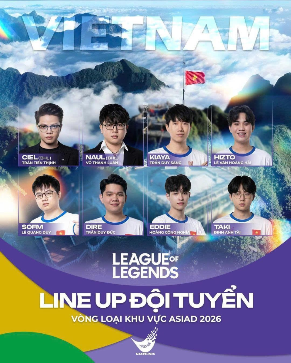 Đội hình chính thức của đội tuyển Liên Minh Huyền Thoại Việt Nam tại vòng loại khu vực ASIAD 2026
